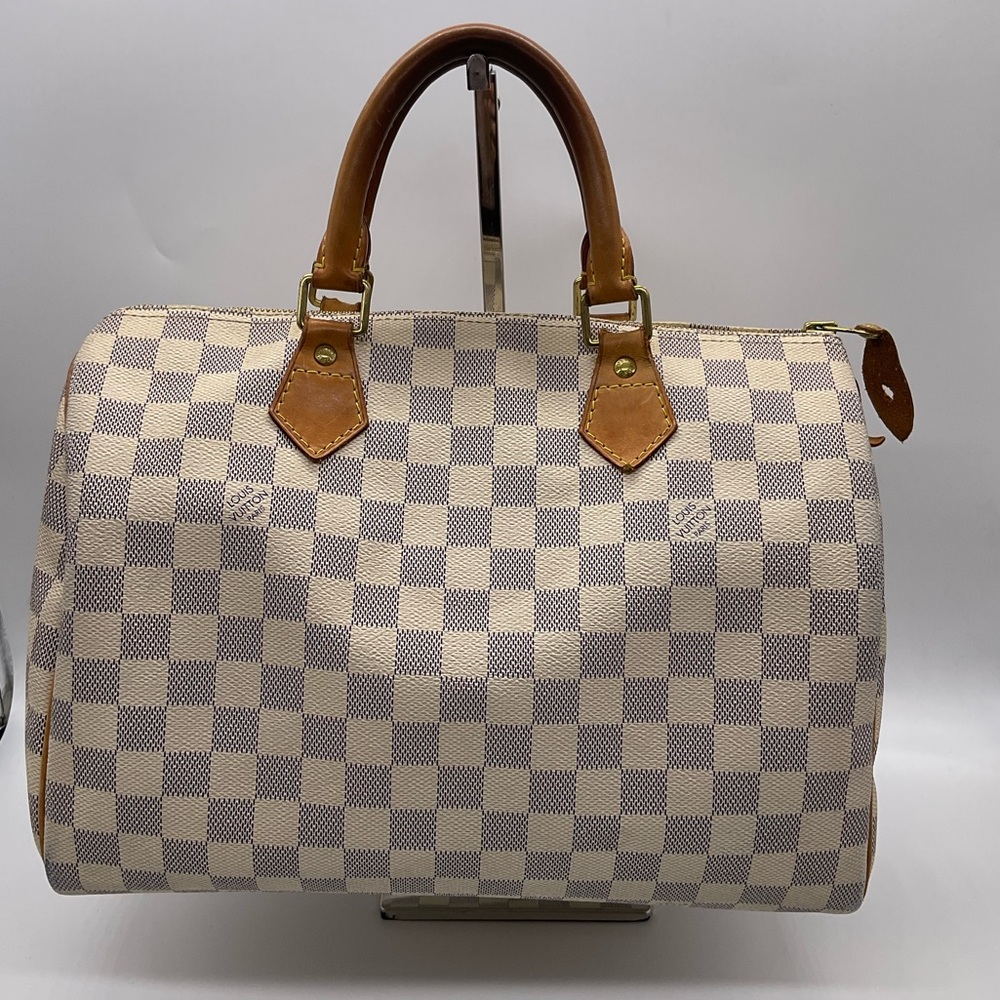 Louis Vuitton Damier Azur Canvas Speedy Bag with Tan Leather Trim